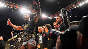 INGLEWOOD , CA - DECEMBER 29: UFC Light Heavyweight Jon Jones celebrates after knocking out Alexander Gustafsson to win the Light heavyweight championship during UFC 232 at the Forum in Inglewood Ca, Saturday, Dec 29, 2018. (Photo by Hans Gutknecht/Digital First Media/Los Angeles Daily News via Getty Images)