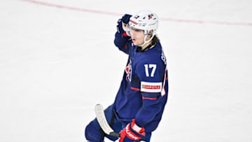 HALIFAX, CANADA - JANUARY 05: Cutter Gauthier #17 of Team United States celebrates his goal during the second period against Team Sweden in the bronze medal round of the 2023 IIHF World Junior Championship at Scotiabank Centre on January 5, 2023 in Halifax, Nova Scotia, Canada. (Photo by Minas Panagiotakis/Getty Images)