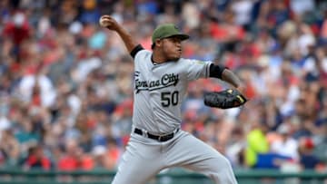 CLEVELAND, OH - MAY 28, 2017: Pitcher Miguel Almonte #50 of the Kansas City Royals throws a pitch during a game on May 28, 2017 against the Cleveland Indians at Progressive Field in Cleveland, Ohio. Cleveland won 10-1.17-052870252017 Nick Cammett/Diamond Images/Getty Images