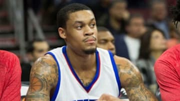 Jan 23, 2015; Philadelphia, PA, USA; Philadelphia 76ers guard K.J. McDaniels (14) on the players bench during the second half of a game against the Toronto Raptors at Wells Fargo Center. The Raptors defeated the 76ers 91-86. Mandatory Credit: Bill Streicher-USA TODAY Sports