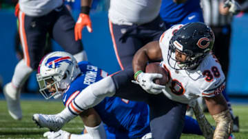 ORCHARD PARK, NY - NOVEMBER 04: Adrian Amos #38 of the Chicago Bears comes up with a bobbled pass for an interception during the second quarter against the Buffalo Bills at New Era Field on November 4, 2018 in Orchard Park, New York. (Photo by Brett Carlsen/Getty Images)