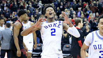 LOUISVILLE, KENTUCKY - FEBRUARY 12: Cam Reddish #2 of the Duke Blue Devils celebrates after the 71-69 win over the Louisville Cardinals at KFC YUM! Center on February 12, 2019 in Louisville, Kentucky. (Photo by Andy Lyons/Getty Images)