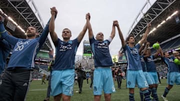 Oct 23, 2016; Seattle, WA, USA; The Seattle Sounders FC celebrate after a game against the Real Salt Lake at CenturyLink Field. Seattle won 2-1. Mandatory Credit: Jennifer Buchanan-USA TODAY Sports