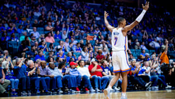 Darius Bazley #7 of the OKC Thunder reacts during a game against the Dallas Mavericks. (Photo by Zach Beeker/NBAE via Getty Images)