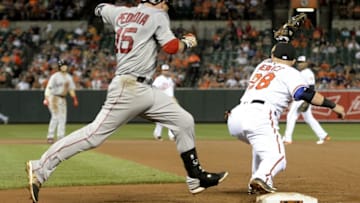 Aug 16, 2016; Baltimore, MD, USA; Baltimore Orioles first baseman Steve Pearce (28) stretches for the force out of Boston Red Sox second baseman Dustin Pedroia (15) during the fourth inning at Oriole Park at Camden Yards. Mandatory Credit: Tommy Gilligan-USA TODAY Sports