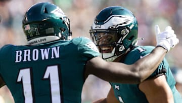 A.J. Brown #11, Jalen Hurts #1, Philadelphia Eagles (Mandatory Credit: Bill Streicher-USA TODAY Sports)