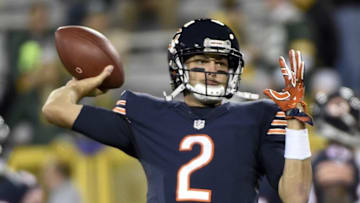 Oct 20, 2016; Green Bay, WI, USA; Chicago Bears quarterback Brian Hoyer (2) warms up before game against the Green Bay Packers at Lambeau Field. Mandatory Credit: Benny Sieu-USA TODAY Sports