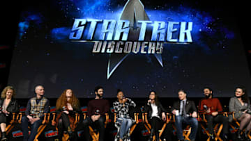 NEW YORK, NY - OCTOBER 06: (L-R) Producer Heather Kadin, actors Doug Jones, Mary Wiseman, Ethan Peck, Sonequa Martin-Green, Michelle Yeoh, Anthony Rapp, Shazad Latif and Mary Chieffo speak onstage at the Star Trek: Discovery panel during New York Comic Con at The Hulu Theater at Madison Square Garden on October 6, 2018 in New York City. (Photo by Craig Barritt/Getty Images for New York Comic Con)