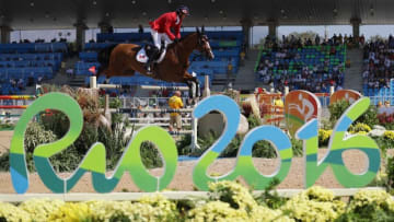 Aug 17, 2016; Rio de Janeiro, Brazil; Eric Lamaze (CAN) rides fine lady 5 during jumping qualification in the Rio 2016 Summer Olympic Games at Olympic Equestrian Centre. Mandatory Credit: Matt Kryger-USA TODAY Sports