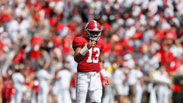 TUSCALOOSA, AL - SEPTEMBER 29: Tua Tagovailoa #13 of the Alabama Crimson Tide reacts after passing for a touchdown against the Louisiana Ragin Cajuns at Bryant-Denny Stadium on September 29, 2018 in Tuscaloosa, Alabama. (Photo by Kevin C. Cox/Getty Images)