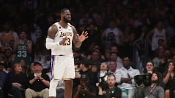 LOS ANGELES, CALIFORNIA - FEBRUARY 23: LeBron James #23 of the Los Angeles Lakers reacts to a play during the second quarter against the Boston Celtics at Staples Center on February 23, 2020 in Los Angeles, California. NOTE TO USER: User expressly acknowledges and agrees that, by downloading and or using this photograph, User is consenting to the terms and conditions of the Getty Images Agreement. (Photo by Katelyn Mulcahy/Getty Images)