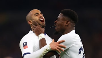 LONDON, ENGLAND - FEBRUARY 05: Lucas Moura of Spurs celebrates scoring with team mate Serge Aurier of Spurs during the FA Cup Fourth Round Replay match between Tottenham Hotspur and Brentford at Tottenham Hotspur Stadium on February 05, 2020 in London, England. (Photo by Julian Finney/Getty Images)