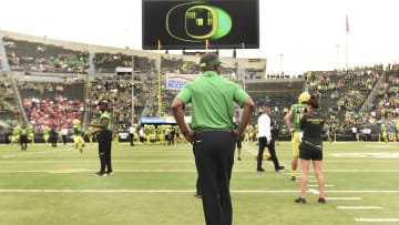EUGENE, OR - SEPTEMBER 02: Head coach Willie Taggart of the Oregon Ducks looks on during warmups before the game against the Southern Utah Thunderbirds at Autzen Stadium on September 2, 2017 in Eugene, Oregon. (Photo by Steve Dykes/Getty Images)