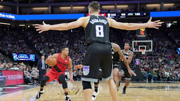 SACRAMENTO, CA - JANUARY 01: CJ McCollum #3 of the Portland Trail Blazers dribbles the ball against the Sacramento Kings during an NBA basketball game at Golden 1 Center on January 1, 2019 in Sacramento, California. NOTE TO USER: User expressly acknowledges and agrees that, by downloading and or using this photograph, User is consenting to the terms and conditions of the Getty Images License Agreement. (Photo by Thearon W. Henderson/Getty Images)