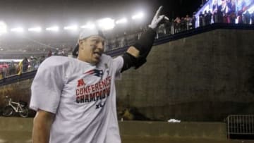 Jan 18, 2015; Foxborough, MA, USA; New England Patriots tight end Rob Gronkowski (87) celebrates after beating the Indianapolis Colts in the AFC Championship Game at Gillette Stadium. Mandatory Credit: Stew Milne-USA TODAY Sports