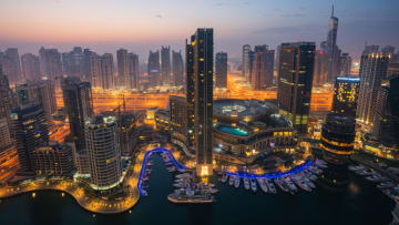 An Aerial View of the Dubai marina Skyline at misty Sunrise taken on 22.02.2021