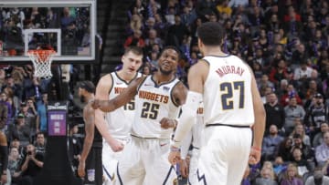SACRAMENTO, CA - JANUARY 3: Nikola Jokic #15, Malik Beasley #25 and Jamal Murray #27 of the Denver Nuggets celebrate against the Sacramento Kings on January 3, 2019 at Golden 1 Center in Sacramento, California. NOTE TO USER: User expressly acknowledges and agrees that, by downloading and or using this photograph, User is consenting to the terms and conditions of the Getty Images Agreement. Mandatory Copyright Notice: Copyright 2019 NBAE (Photo by Rocky Widner/NBAE via Getty Images)