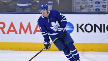 TORONTO, ON - APRIL 16: Toronto Maple Leafs Forward Kasperi Kapanen (24) in warmups prior to the Stanley Cup First Round Playoff game between the Boston Bruins and Toronto Maple Leafs on April 16, 2018 at Air Canada Centre in Toronto, ON. (Photo by Gerry Angus/Icon Sportswire via Getty Images)