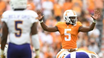 Tennessee quarterback Hendon Hooker (5) looks to the sidelines during an NCAA college football game between the Tennessee Volunteers and Tennessee Tech in Knoxville, Tenn. on Saturday, September 18, 2021.Tennvstt0918 1956
