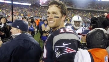 Jan 18, 2015; Foxborough, MA, USA; New England Patriots quarterback Tom Brady (12) after winning the AFC Championship Game over the Indianapolis Colts at Gillette Stadium. Mandatory Credit: Stew Milne-USA TODAY Sports