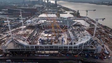 LIVERPOOL, ENGLAND - NOVEMBER 16: A general aerial view of the Bramley Moore Dock and the construction progress of Everton Football Club's new footbal stadium on November 16, 2022 in Liverpool, England. The new stadium, which is scheduled to be completed in 2024, is being built at Bramley-Moore Dock, the northernmost point of the Liverpool Maritime Mercantile City. The construction project, one of the largest ongoing private-sector developments in the UK, was cited by UNESCO last year as one reason for stripping the area of its "world heritage site" status. (Photo by Christopher Furlong/Getty Images)