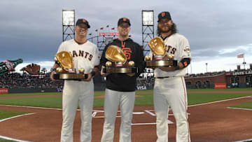 SAN FRANCISCO, CA - APRIL 12: (L-R) Rawlings Gold Glove winners Joe Panik