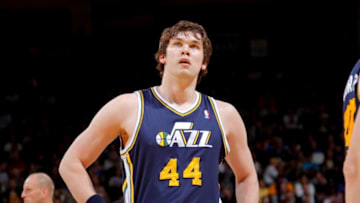 OAKLAND, CA - JANUARY 30: Kyrylo Fesenko #44 of the Utah Jazz gets ready to take on the Golden State Warriors on January 30, 2011 at Oracle Arena in Oakland, California. Copyright 2011 NBAE (Photo by Rocky Widner/NBAE via Getty Images)