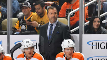 PITTSBURGH, PA - OCTOBER 29: Head coach Alain Vigneault of the Philadelphia Flyers looks on against the Pittsburgh Penguins at PPG PAINTS Arena on October 29, 2019 in Pittsburgh, Pennsylvania. (Photo by Joe Sargent/NHLI via Getty Images)