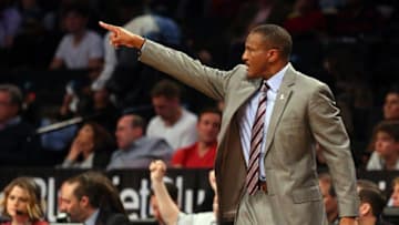 Apr 13, 2016; Brooklyn, NY, USA; Toronto Raptors head coach Dwane Casey gestures during the second quarter against the Brooklyn Nets at Barclays Center. Mandatory Credit: Anthony Gruppuso-USA TODAY Sports