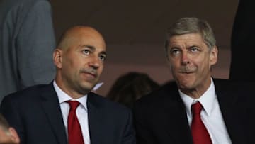 LONDON, ENGLAND - SEPTEMBER 28: Arsene Wenger manager of Arsenal (R) and Ivan Gazidis, CEO of Arsenal (L) look on prior to the UEFA Champions League Group F match between Arsenal and Olympiacos at the Emirates Stadium on September 28, 2011 in London, England. (Photo by Clive Rose/Getty Images)