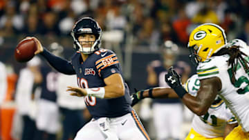 CHICAGO, ILLINOIS - SEPTEMBER 05: Mitchell Trubisky #10 of the Chicago Bears looks to pass during the first quarter against the Green Bay Packers at Soldier Field on September 05, 2019 in Chicago, Illinois. (Photo by Nuccio DiNuzzo/Getty Images)