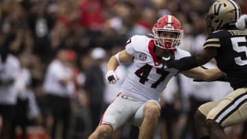 NASHVILLE, TN - SEPTEMBER 25: Dan Jackson #47 of the Georgia Bulldogs runs to defend a kickoff against the Vanderbilt Commodores during the first quarter at Vanderbilt Stadium on September 25, 2021 in Nashville, Tennessee. (Photo by Brett Carlsen/Getty Images)