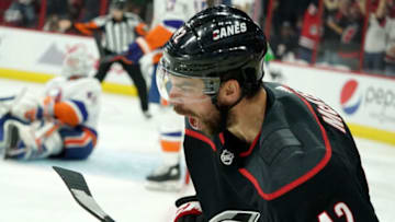 RALEIGH, NC - MAY 03: Greg McKegg #42 of the Carolina Hurricanes celebrates after scoring a goal in Game Four of the Eastern Conference Second Round against the New York Islanders during the 2019 NHL Stanley Cup Playoffs on May 3, 2019 at PNC Arena in Raleigh, North Carolina. (Photo by Gregg Forwerck/NHLI via Getty Images)