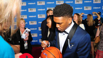 BROOKLYN, NY - JUNE 22: Malik Monk the eleventh overall pick by the Charlotte Hornets signs an autograph at the 2017 NBA Draft on June 22, 2017 at Barclays Center in Brooklyn, New York. NOTE TO USER: User expressly acknowledges and agrees that, by downloading and or using this photograph, User is consenting to the terms and conditions of the Getty Images License Agreement. Mandatory Copyright Notice: Copyright 2017 NBAE (Photo by Stephen Pellegrino/NBAE via Getty Images)