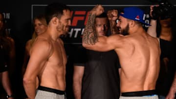 NASHVILLE, TN - APRIL 21: (L-R) Jake Ellenberger and Mike Perry face off during the UFC Fight Night weigh-in at the Sheraton Music City Hotel on April 21, 2017 in Nashville, Tennessee. (Photo by Jeff Bottari/Zuffa LLC/Zuffa LLC via Getty Images)