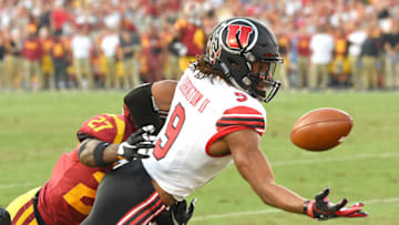 LOS ANGELES, CA - OCTOBER 14: Cornerback Ajene Harris #27 of the USC Trojans breaks up a pass intended for wide receiver Darren Carrington II #9 of the Utah Utes in the end zone in the first half of the game at the Los Angeles Memorial Coliseum on October 14, 2017 in Los Angeles, California. (Photo by Jayne Kamin-Oncea/Getty Images)