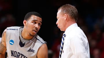 DAYTON, OH - MARCH 18: Head coach Matthew Driscoll speaks with Dallas Moore #14 of the North Florida Ospreys against the Robert Morris Colonials during the first round of the 2015 NCAA Men's Basketball Tournament at UD Arena on March 18, 2015 in Dayton, Ohio. (Photo by Joe Robbins/Getty Images)