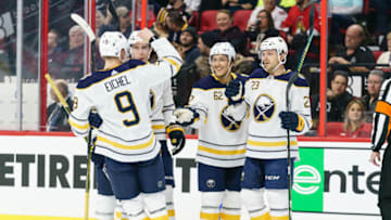 OTTAWA, ON - FEBRUARY 18: Brandon Montour #62 of the Buffalo Sabres celebrates his second goal of the game against the Ottawa Senators with teammates Jack Eichel #9, Sam Reinhart #23 and Rasmus Ristolainen #55 in the first period at Canadian Tire Centre on February 18, 2020 in Ottawa, Ontario, Canada. (Photo by Jana Chytilova/Freestyle Photography/Getty Images)