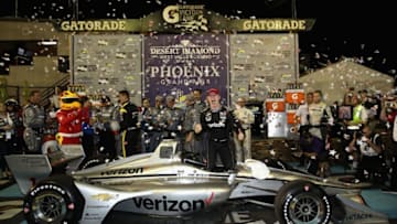 AVONDALE, AZ - APRIL 07: Josef Newgarden #1 driver of the Team Penske Chevrolet IndyCar celebrates after winning the Verizon IndyCar Series Phoenix Grand Prix at ISM Raceway on April 7, 2018 in Avondale, Arizona. (Photo by Christian Petersen/Getty Images)