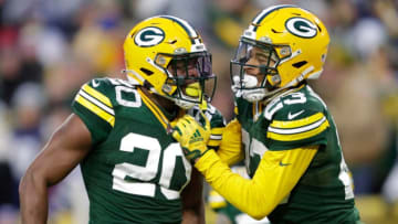 Green Bay Packers safety Rudy Ford (20) celebrates with cornerback Jaire Alexander (23) after getting an interception against the Dallas Cowboys during their football game Sunday, November 13, at Lambeau Field in Green Bay, Wis. Dan Powers/USA TODAY NETWORK-WisconsinApc Packvscowboys 1113220494djp