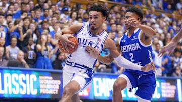 DURHAM, NORTH CAROLINA - NOVEMBER 15: Tre Jones #3 of the Duke Blue Devils tries to get past Justin Roberts #2 of the Georgia State Panthers during the second half during their game at Cameron Indoor Stadium on November 15, 2019 in Durham, North Carolina. (Photo by Jacob Kupferman/Getty Images)