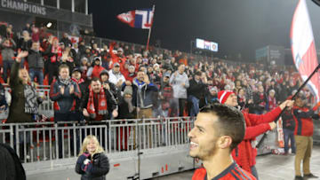 TORONTO, ON- OCTOBER 28 - Toronto FC forward Sebastian Giovinco (10) looks for a fan to toss a t-shirt to as Toronto FC beat Atlanta United 4-1 in their final game to wrap up a disappointing season after their previous MLS Cup season at BMO Field in Toronto. October 28, 2018. (Steve Russell/Toronto Star via Getty Images)