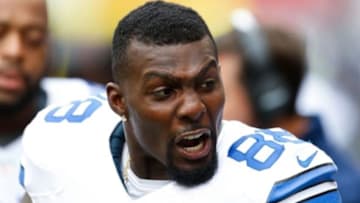 Oct 12, 2014; Seattle, WA, USA; Dallas Cowboys wide receiver Dez Bryant (88) speaks with his teammates during the third quarter against the Seattle Seahawks at CenturyLink Field. Mandatory Credit: Joe Nicholson-USA TODAY Sports