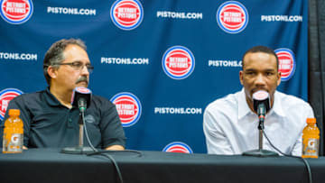 AUBURN HILLS, MI - JULY 13: Stan Van Gundy, president of basketball operations of the Detroit Pistons Avery Bradley talk to the media during a press conference on July 13, 2017 at the Detroit Pistons Practice Facility in Auburn Hills, Michigan. NOTE TO USER: User expressly acknowledges and agrees that, by downloading and or using this photograph, User is consenting to the terms and conditions of the Getty Images License Agreement. Mandatory Copyright Notice: Copyright 2017 NBAE (Photo by Chris Schwegler/NBAE via Getty Images)