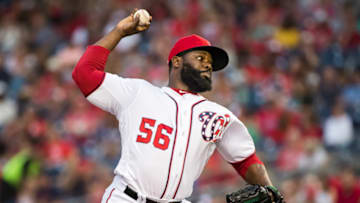 WASHINGTON, DC - SEPTEMBER 28: Fernando Rodney #56 of the Washington Nationals pitches against the Cleveland Indians during the seventh inning at Nationals Park on September 28, 2019 in Washington, DC. (Photo by Scott Taetsch/Getty Images)