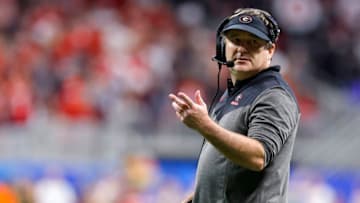 ATLANTA, GEORGIA - DECEMBER 31: Head coach Kirby Smart of the Georgia Bulldogs is seen during the fourth quarter against the Ohio State Buckeyes in the Chick-fil-A Peach Bowl at Mercedes-Benz Stadium on December 31, 2022 in Atlanta, Georgia. (Photo by Todd Kirkland/Getty Images)