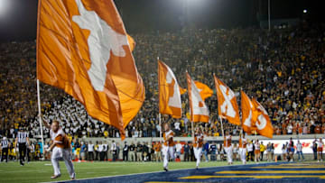 BERKELEY, CA - SEPTEMBER 17: The Texas Longhorns celebrate a touchdown against the California Golden Bears in the first quarter on September 17, 2016 at California Memorial Stadium in Berkeley, California. Cal won 50-43. (Photo by Brian Bahr/Getty Images) *** Local Caption ***