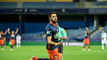 Montpellier's French forward Gaetan Laborde celebrates . (Photo by Pascal GUYOT / AFP) (Photo by PASCAL GUYOT/AFP via Getty Images)