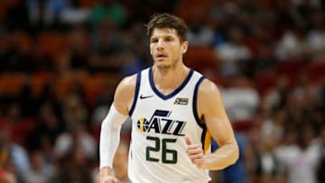 MIAMI, FL - DECEMBER 02: Kyle Korver #26 of the Utah Jazz in action against the Miami Heat at American Airlines Arena on December 2, 2018 in Miami, Florida. NOTE TO USER: User expressly acknowledges and agrees that, by downloading and or using this photograph, User is consenting to the terms and conditions of the Getty Images License Agreement. (Photo by Michael Reaves/Getty Images)