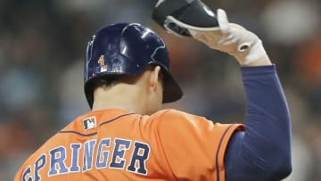 May 20, 2016; Houston, TX, USA; Houston Astros right fielder George Springer (4) reacts after being called out on a called third strike against the Texas Rangers in the sixth inning at Minute Maid Park. Mandatory Credit: Thomas B. Shea-USA TODAY Sports